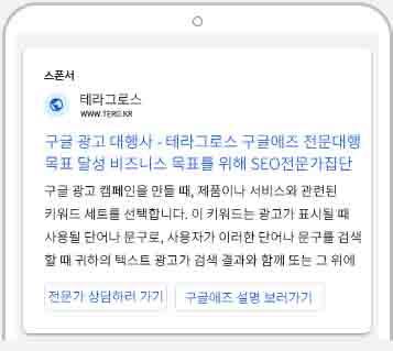 구글애즈 구글 검색 광고 영역에서 모바일 앱 검색 광고영역에 대한 상세한 설명이 담긴 글을 위한 위치를 알려주는 테라그로스의 포스팅 글을 위한 그림