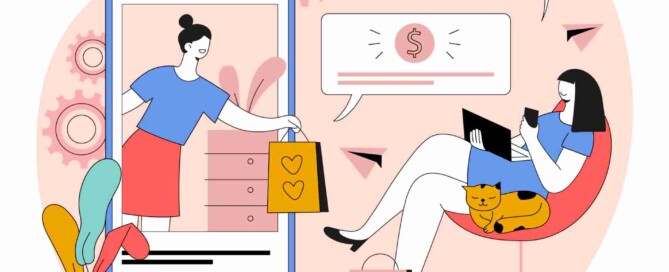 구글애즈 구글 광고 영역에 대한 상세한 설명이 담긴 글을 위한 멋진 쇼핑 일러스트 이미지를 담았습니다. 모바일 앱 쇼핑을 하는 여자가 테라그로스는 구글 광고를 보고 적절한 시점에 쇼핑을 할 수 있게 유도하고 광고주가 타겟에 맞게 완벽하게 성과를 낼 수 있게 유도하는 일러스트 그림