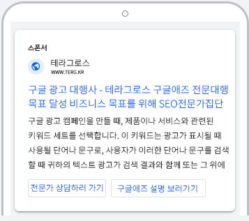 구글애즈 구글 검색 광고 영역에서 모바일 앱 검색 광고영역에 대한 상세한 설명이 담긴 글을 위한 위치를 알려주는 테라그로스의 포스팅 글을 위한 그림