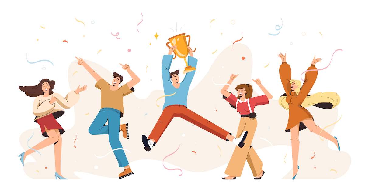 테라그로스의 구글 광고 광고주가 비즈니서 성공을 통해 굉장히 행복해 보이고, 골든컵을 들고 모두 즐거워 보인다