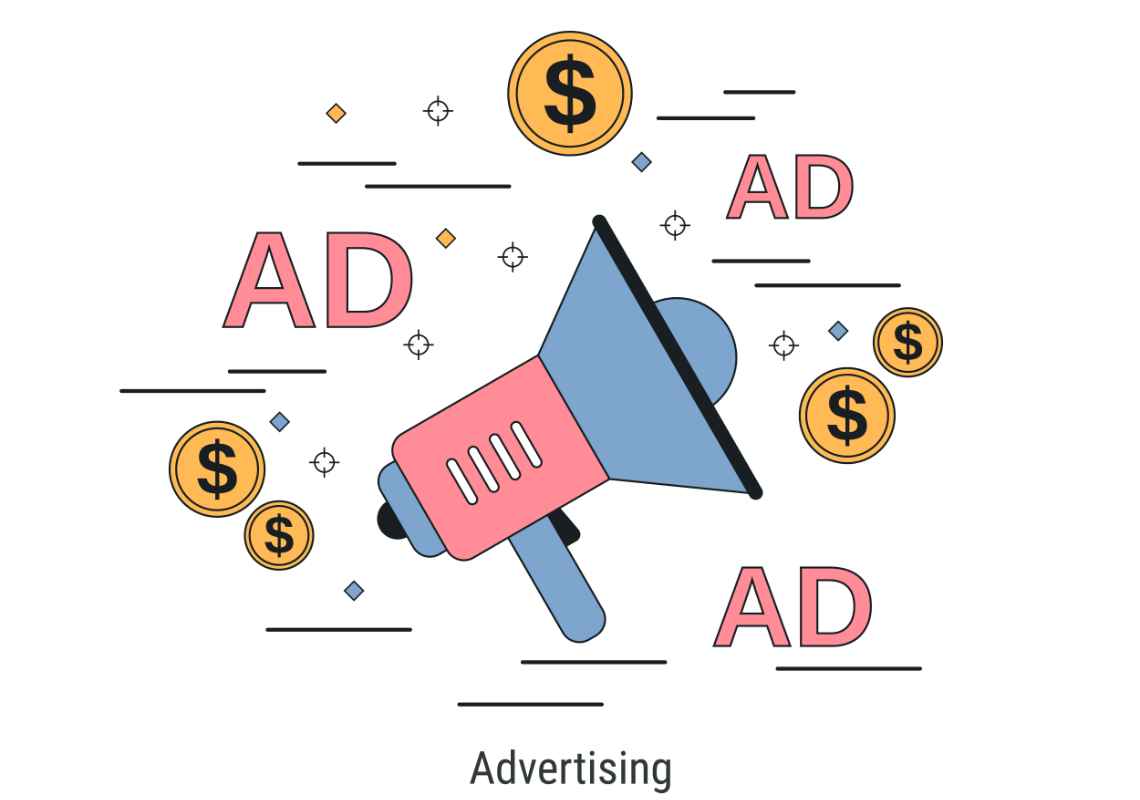 구글 광고 비용 설정을 잘하면 광고 성과가 올라가 매출이 올라간다는 클립아트 2 메가폰이 크게 있고 동전과 AD 글자가 써있다 구글 광고Google Ads에서 광고를 실행하면 광고의 타겟팅 방법, 광고 게재 대상 및 광고의 유형에 따라 웹에서 다양한 위치에 광고가 게재 위치를 알려주는 그림