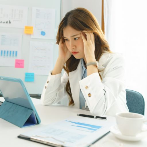 광고비 대비 성과가 미달되고있는 상황을 보여주는 한 사무실의 비즈니스 여성이 머리를 감싸매고 있다.